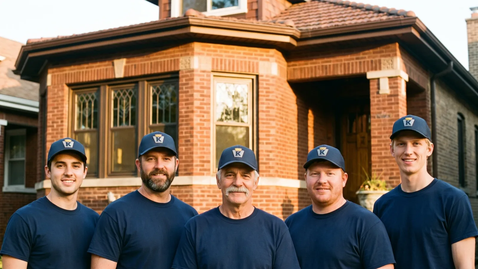 A five-man crew in Keystone caps and navy shirts in front of a brick bungalow at golden hour.
