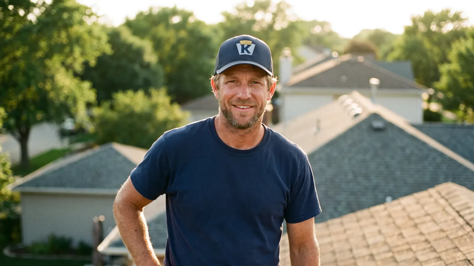A roofer in a Keystone cap standing on a shingle roof at golden hour.
