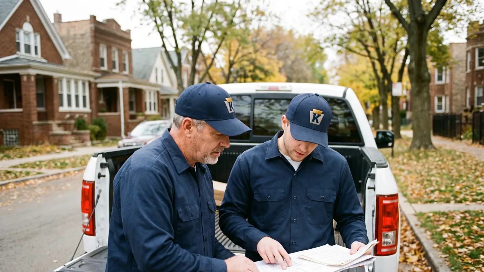 Two crew members in Keystone caps reading a work order together at a truck tailgate.