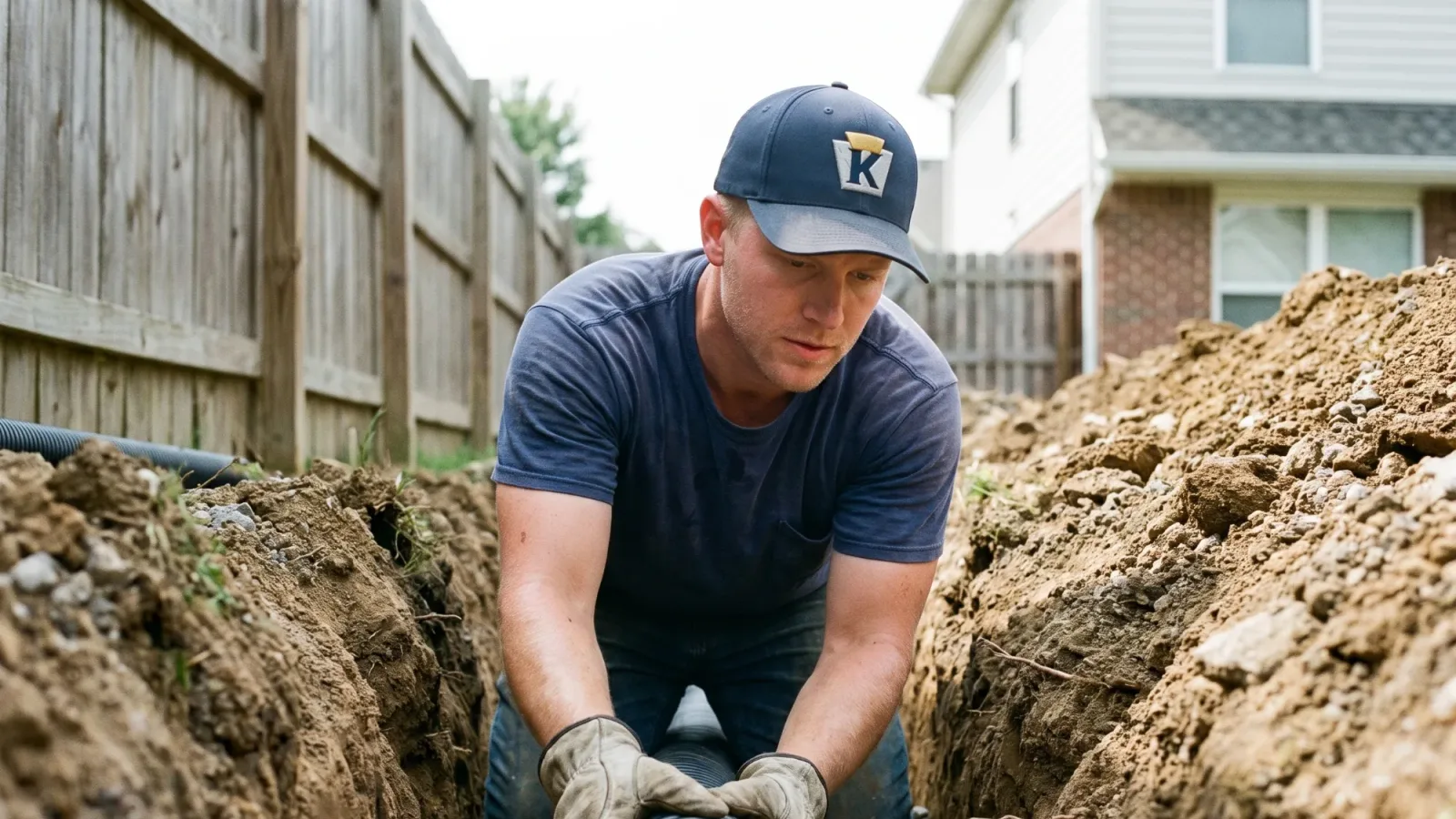 A crew member in a Keystone cap setting wrapped drain pipe into gravel in a trench.