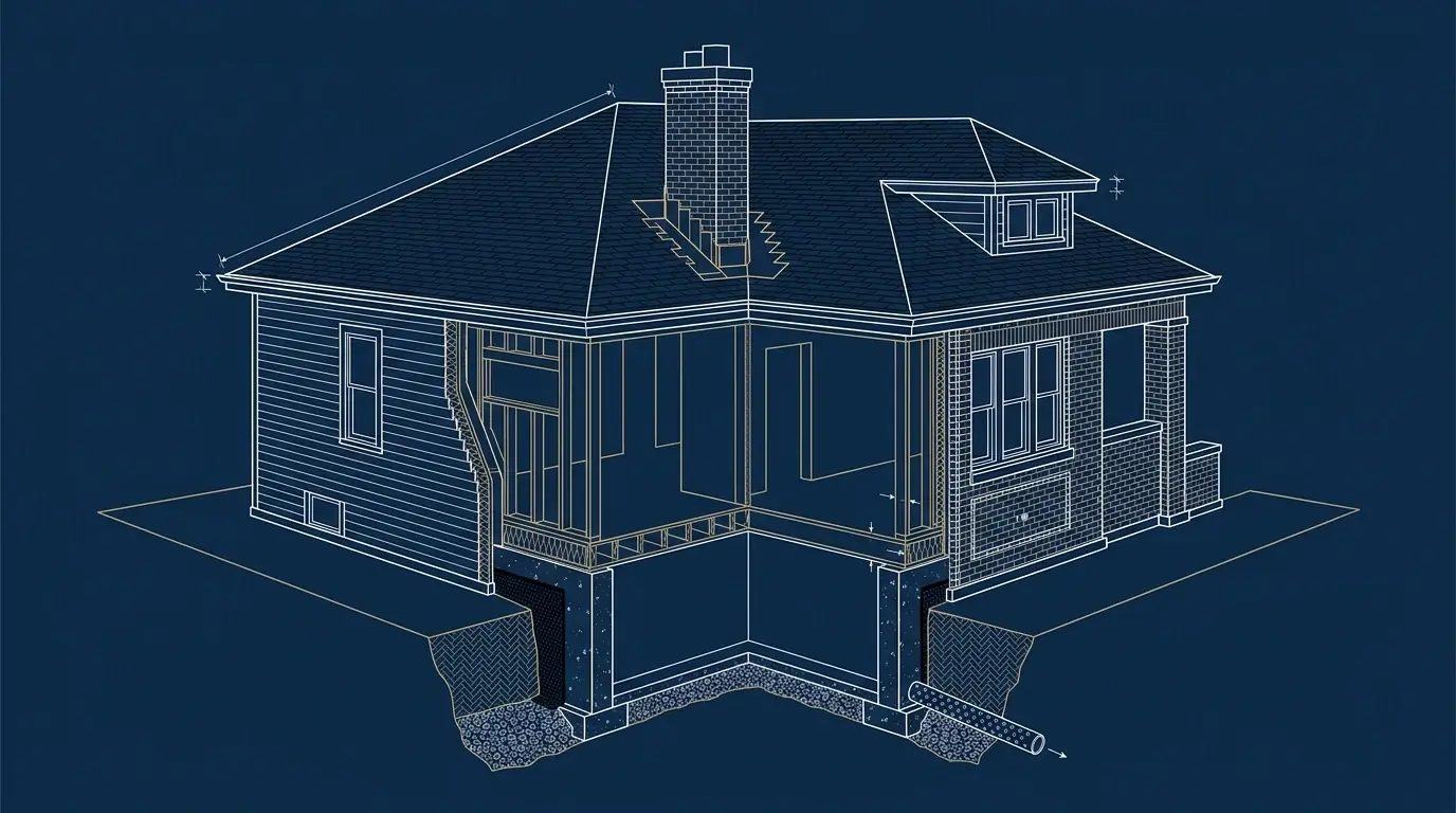Cutaway drawing of a Chicago brick bungalow showing its shingle roof and chimney, lap siding, poured foundation below grade, and a drain pipe running away from the footing.