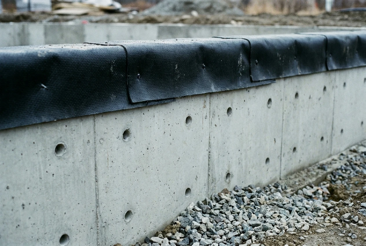 Waterproofing membrane lapped over the top of a poured concrete foundation wall.