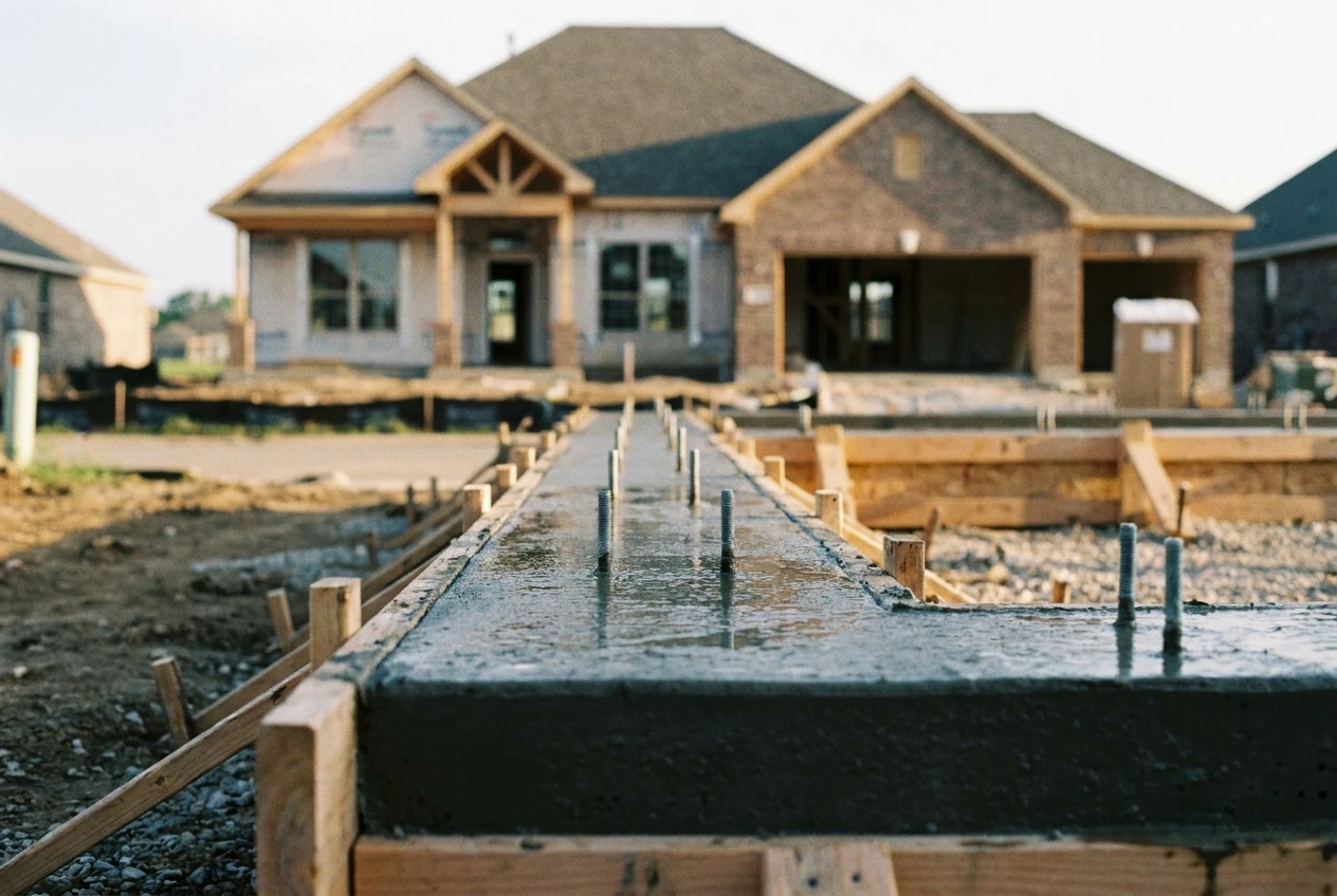 Fresh concrete curing in residential foundation forms, anchor bolts set along a level top edge.