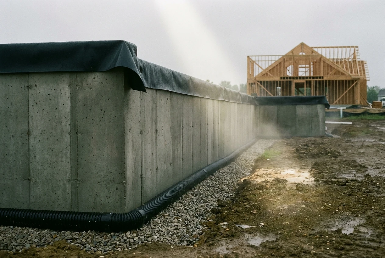 A poured concrete foundation wall with damp-proof membrane lapped over the top and a perforated drain bedded in gravel at the footing.