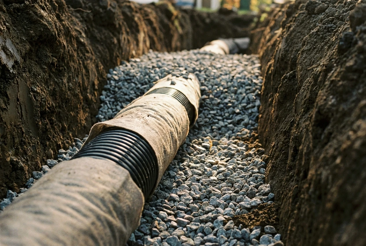 Wrapped perforated drain pipe bedded in clean washed gravel inside a freshly cut trench.