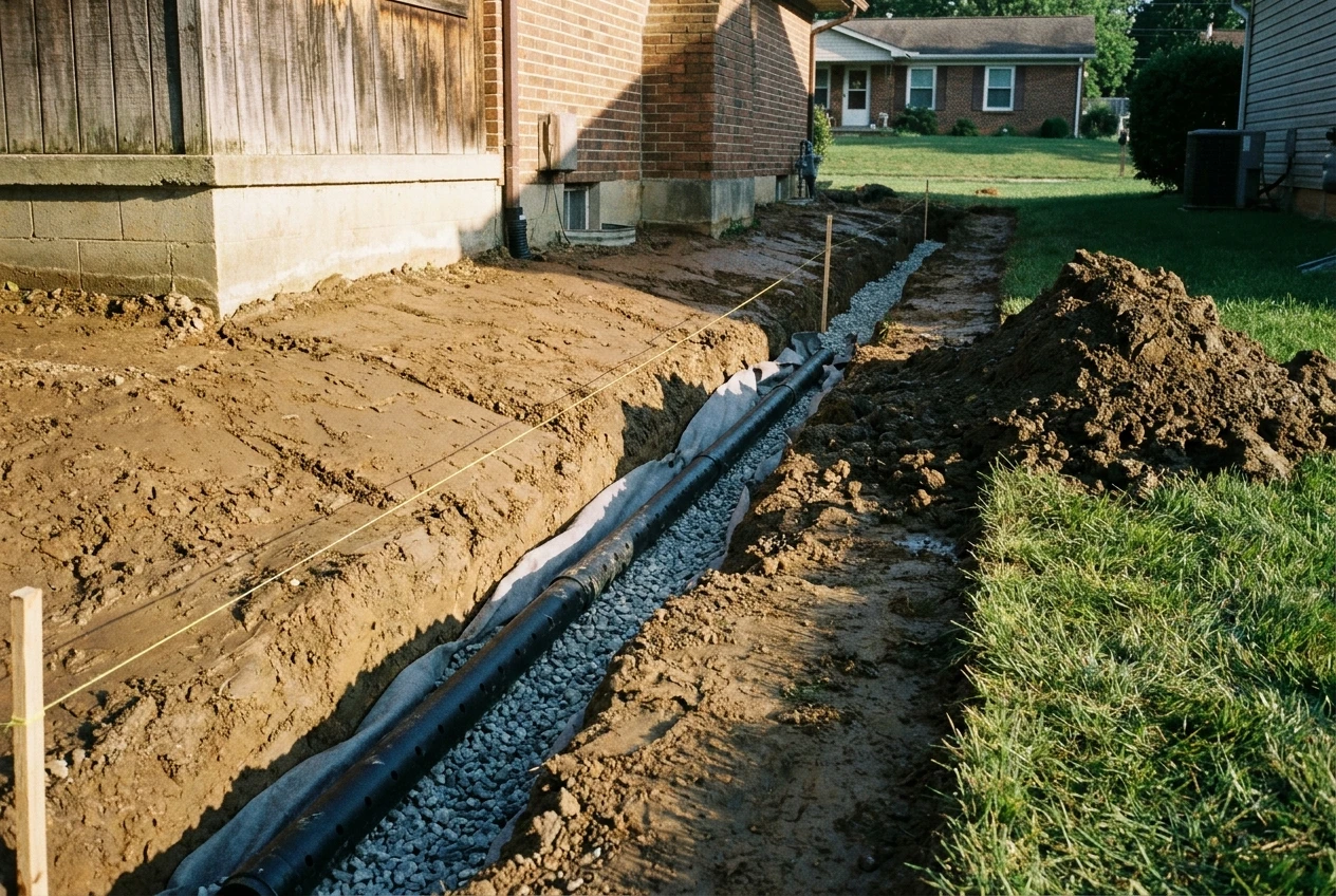 A drainage trench running along a house, perforated pipe wrapped and bedded in washed gravel, string line set to the fall.