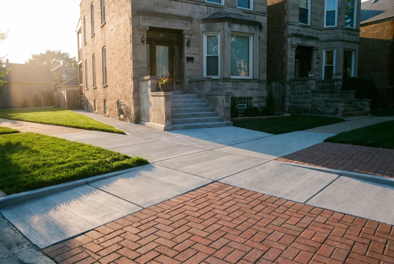 A freshly finished residential driveway and walkway of poured concrete and brick pavers leading to a Chicago greystone home, clean finished edges in warm daylight.