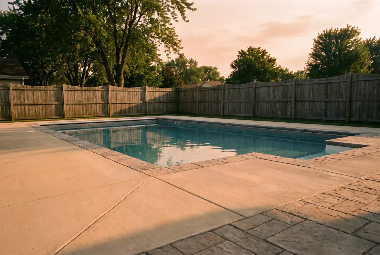 A newly finished in-ground residential swimming pool with a clean paver deck in a Chicago backyard, calm blue water under late-afternoon golden light.