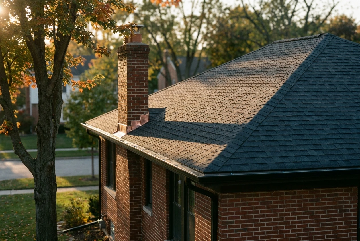 A Chicago brick bungalow with a newly completed charcoal shingle roof, copper flashing at the chimney, low autumn sun across the courses.