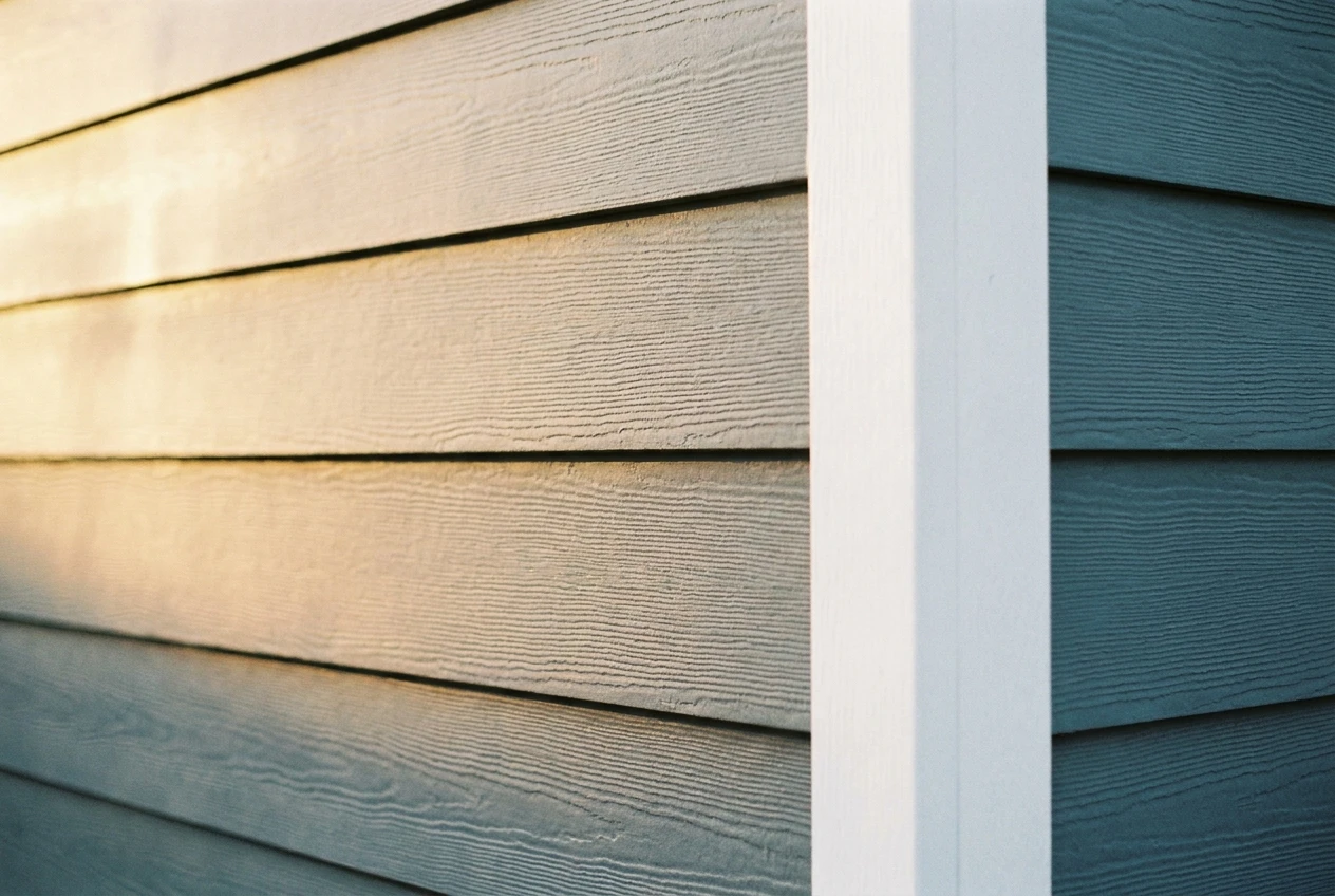 New slate blue-grey lap siding meeting crisp white corner trim, even reveals on every course.