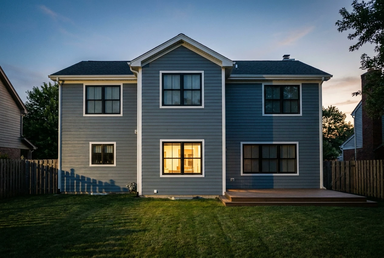 The rear elevation of a house in newly completed lap siding with white trim, photographed at dusk.
