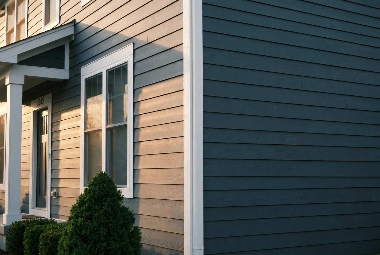The corner of a suburban house in new slate blue-grey lap siding with crisp white trim, raking evening light.