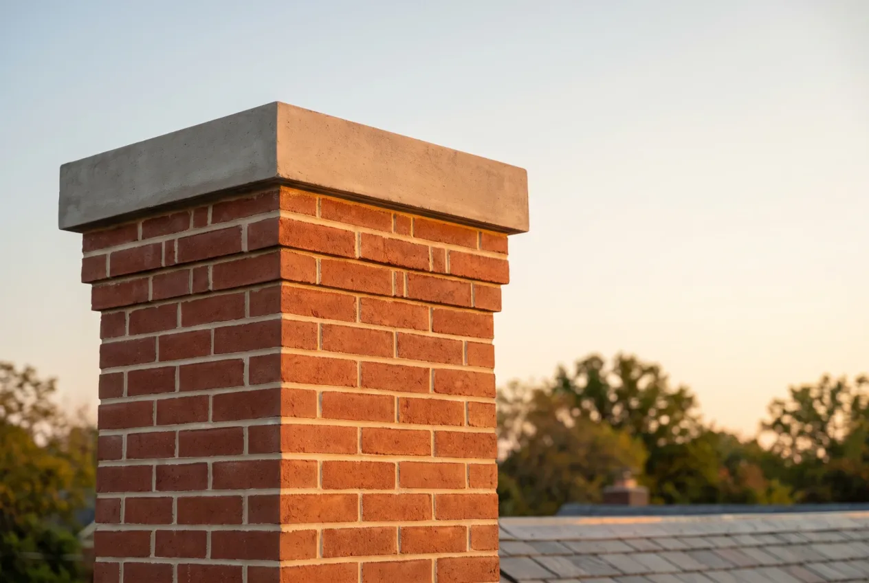 A close view of freshly repointed mortar joints on an old Chicago red-brick chimney, a pointing trowel resting against the brick in natural daylight.