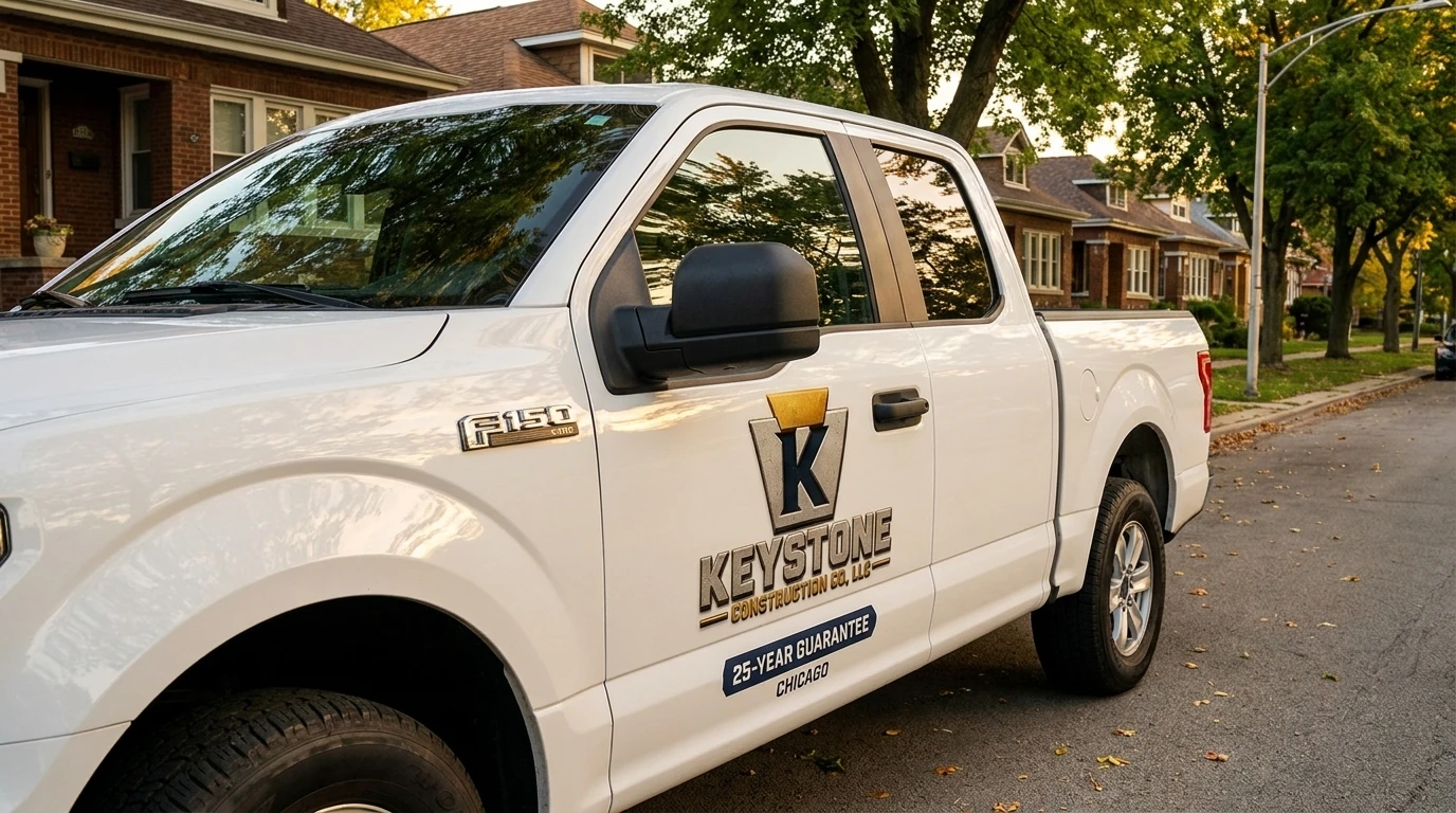 A white Keystone pickup parked on a leafy Chicago street, the carved logo and 25-year guarantee on the door.