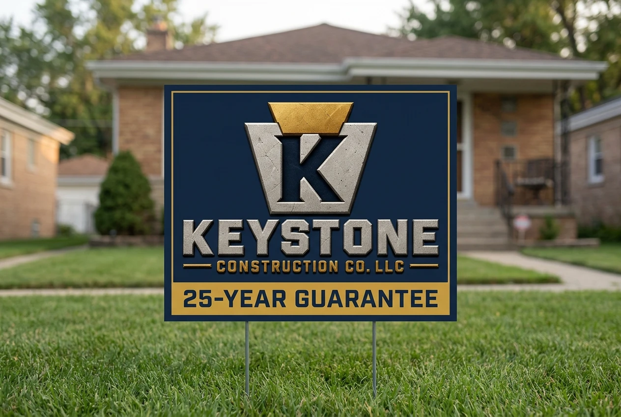 A navy Keystone yard sign with the carved logo and a gold 25-year guarantee bar, standing on a front lawn.